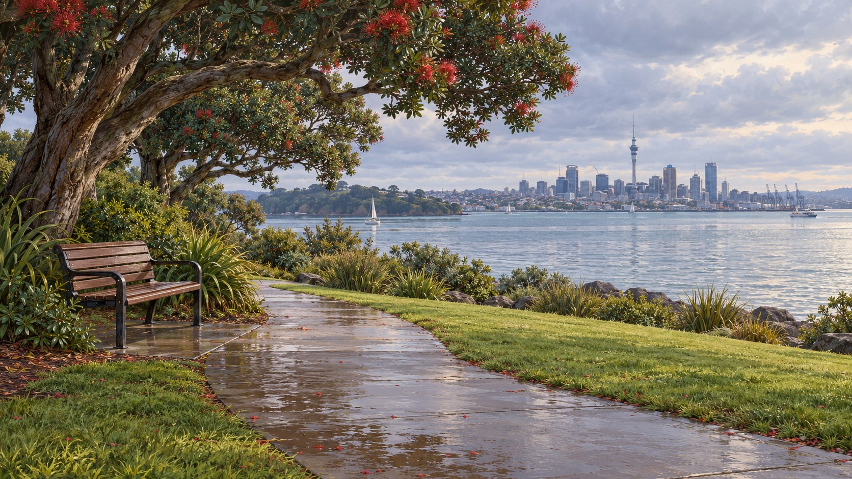 An illustrated Auckland harbour park, with a bench beneath a pōhutukawa tree