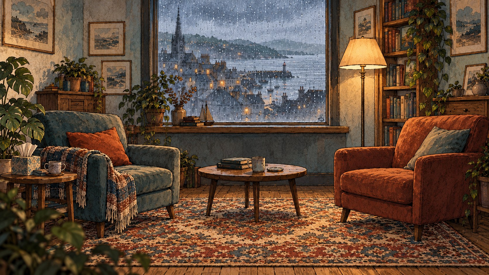 A warmly lit illustrated therapy room, with two armchairs and rain on the window